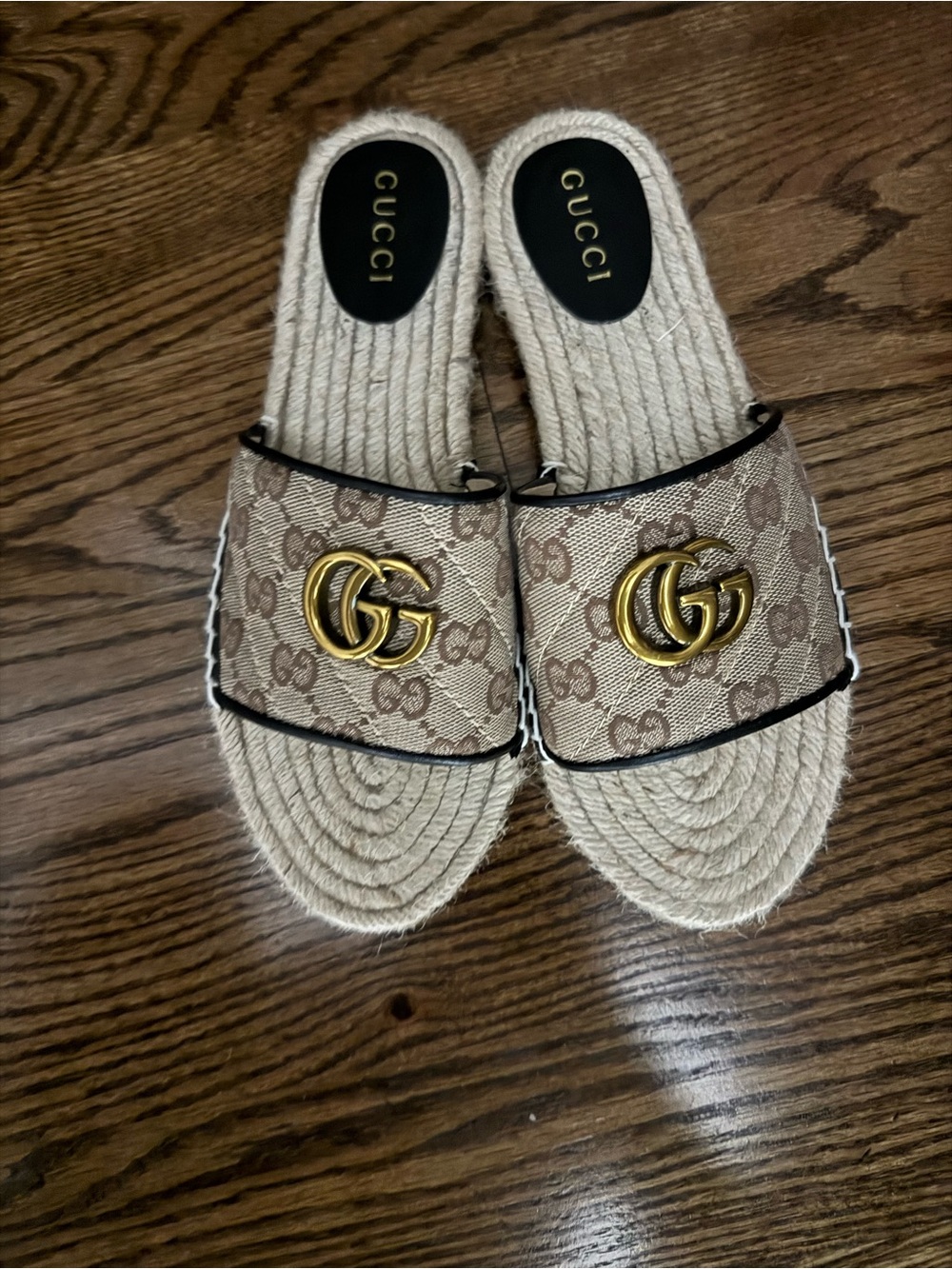 Gucci Beige GG Canvas Slide Sandals with Gold Double G